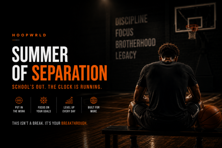 Basketball player sitting alone on a bench with a ball, head down in a dark gym — HoopWrld Summer of Separation