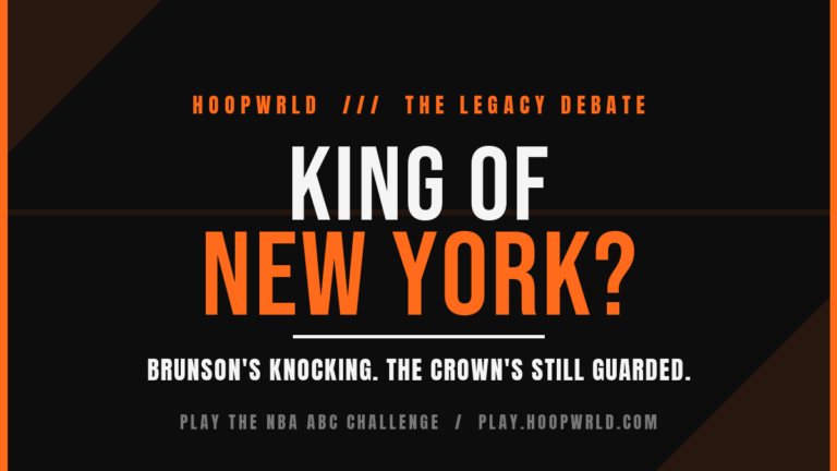 HoopWrld graphic reading "King of New York?" in black and orange, debating whether Jalen Brunson is the greatest Knick ever versus Ewing, Frazier, and Reed.