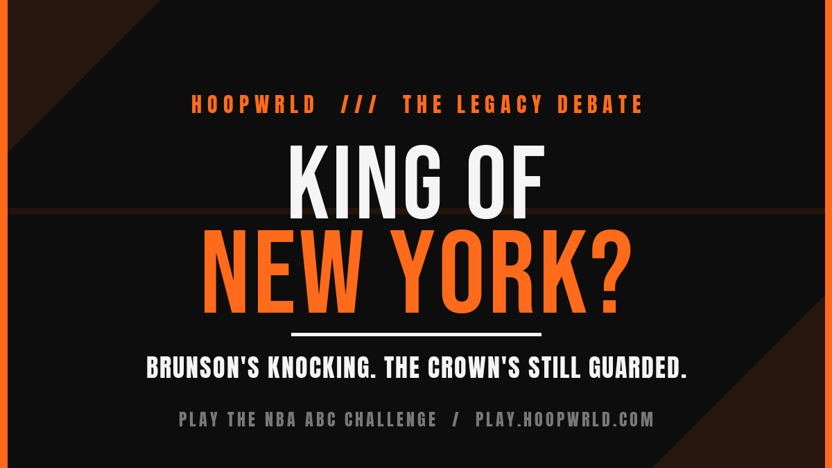 HoopWrld graphic reading "King of New York?" in black and orange, debating whether Jalen Brunson is the greatest Knick ever versus Ewing, Frazier, and Reed.