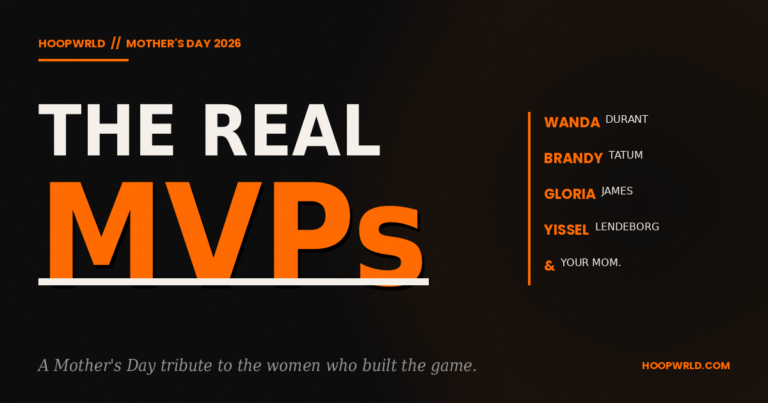 HoopWrld Mother's Day tribute graphic — The Real MVPs headline featuring Wanda Durant, Brandy Tatum, Gloria James, and Yissel Lendeborg