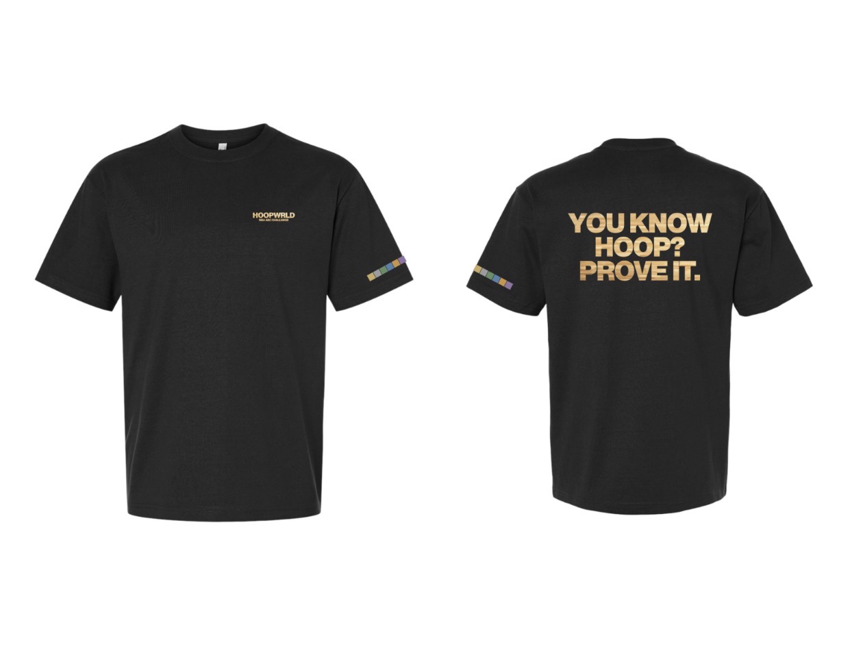 HoopWrld Hardwood Collection men's basketball streetwear tee in Black, front and back with gold-foil graphics