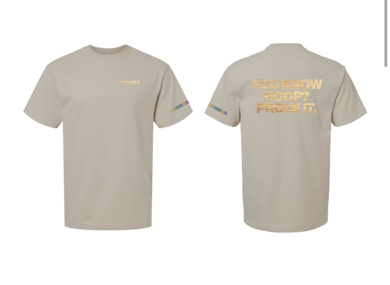 HoopWrld Hardwood Collection men's basketball streetwear tee in Sand, front and back with gold-foil graphics