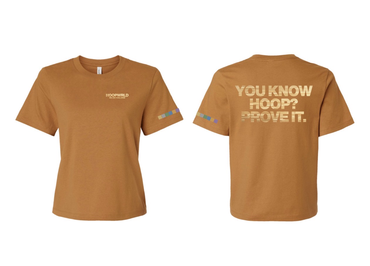 HoopWrld Hardwood Collection women's cropped basketball streetwear tee, front and back