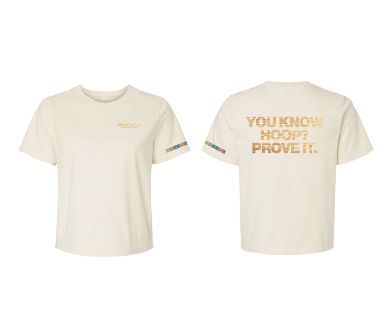 HoopWrld Hardwood Collection women's cropped basketball streetwear tee, front and back