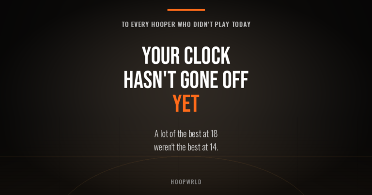 Dark empty basketball gym graphic reading "Your clock hasn't gone off yet" — for hoopers not getting playing time.