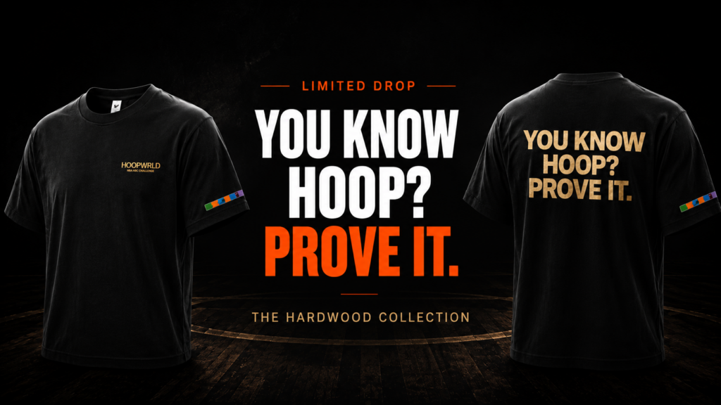 HoopWrld Hardwood Collection basketball streetwear tee in black, front and back with gold-foil graphics
