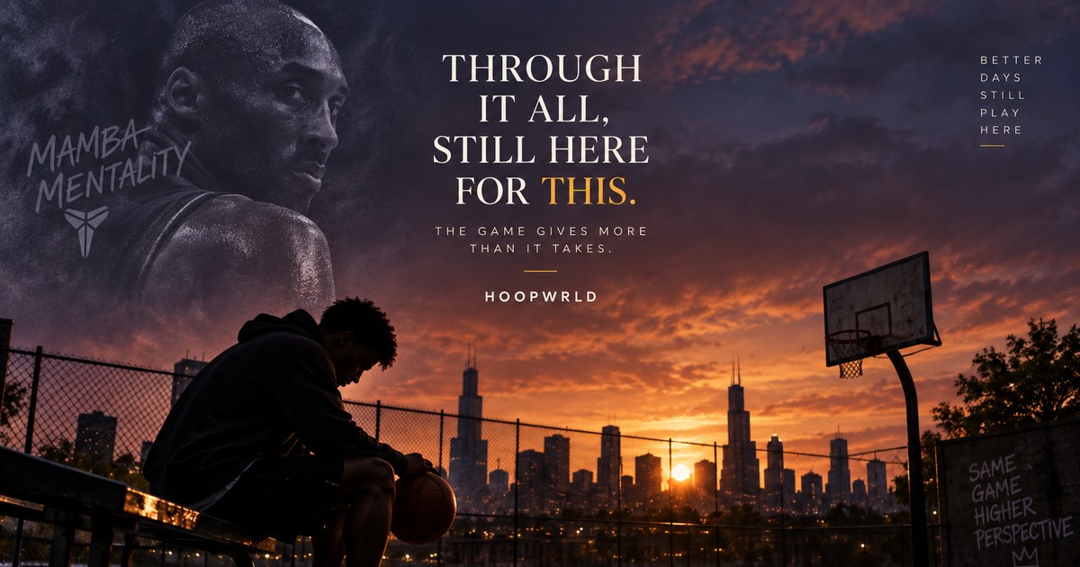 Young basketball player sitting alone on a court bench at sunset with a ball, city skyline behind him, under the words Through It All, Still Here for This