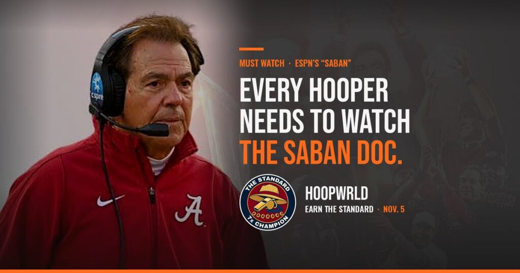 The Standard badge honoring Nick Saban next to the headline Every Hooper Needs to Watch the Saban Doc